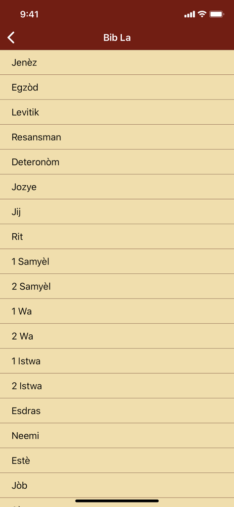 A screenshot of the Haitian Creole Bible app showing a list of Old Testament books in Kreyòl.