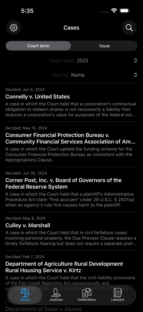 OYEZ - Interface of the Oyez app showing a list of United States Supreme Court cases for the 2023 term sorted by name