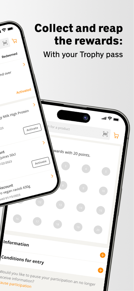 Oberfläche der Coop Supermarkt App mit einem digitalen Treue-Pokalpass und verschiedenen aktivierten Rabattcoupons.