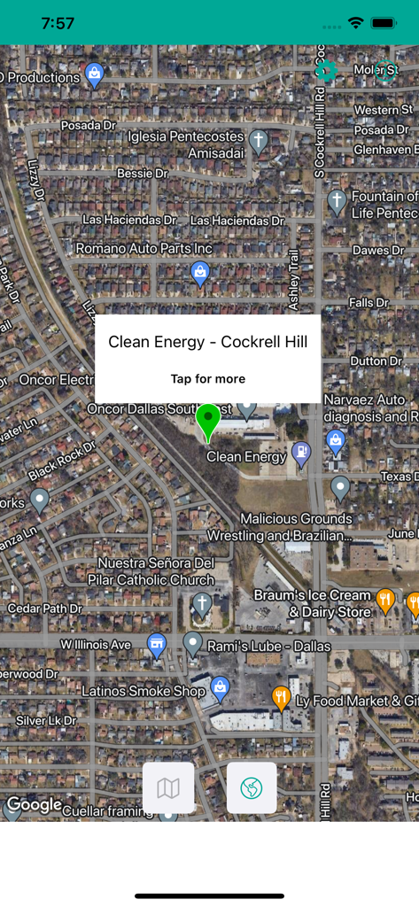 Satellite map view showing a Clean Energy CNG fueling station location in the app.