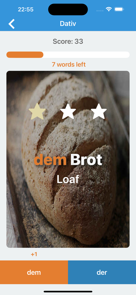 Pantalla de aprendizaje de idiomas alemán mostrando un ejercicio de caso dativo para la palabra pan con opciones dem y der