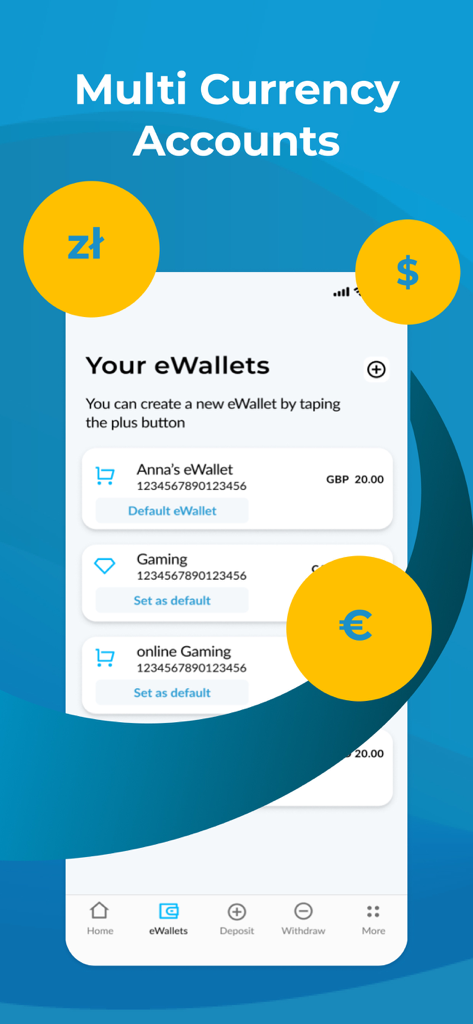 Interfaz de la aplicación móvil MiFinity mostrando cuentas de monedero electrónico en múltiples divisas