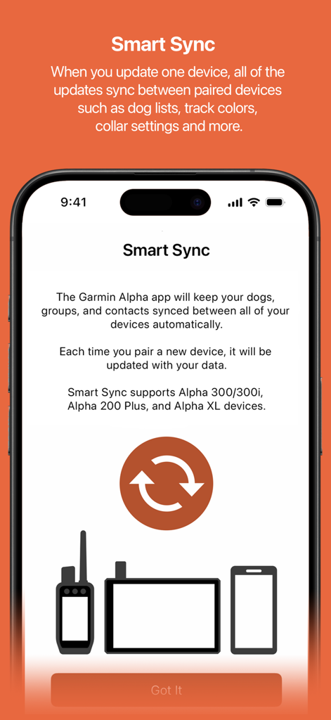 Garmin Alpha - Écran Smart Sync de l'application Garmin Alpha pour synchroniser les données de suivi des chiens entre les appareils
