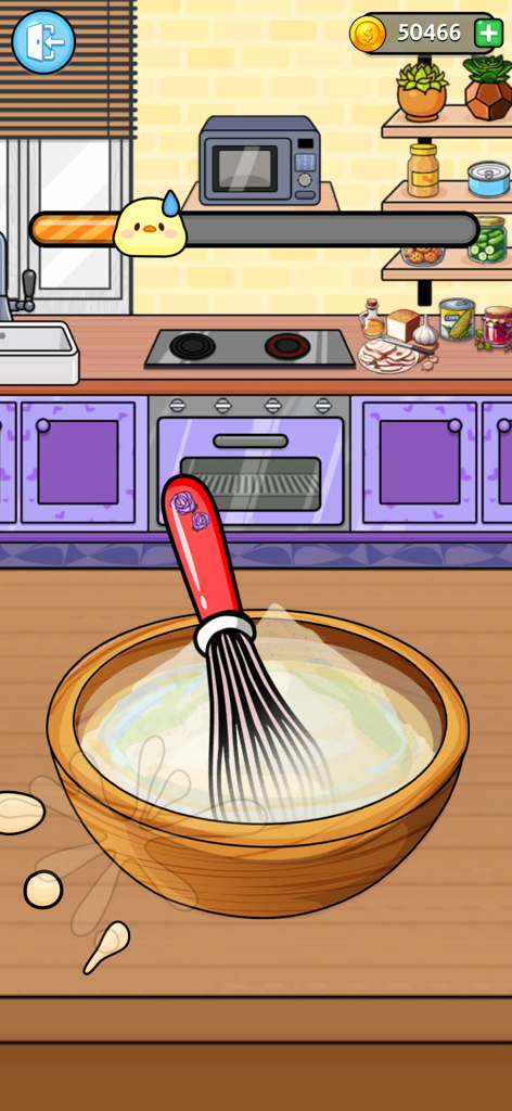 Cartoon kitchen scene showing a whisk mixing pizza dough in a wooden bowl