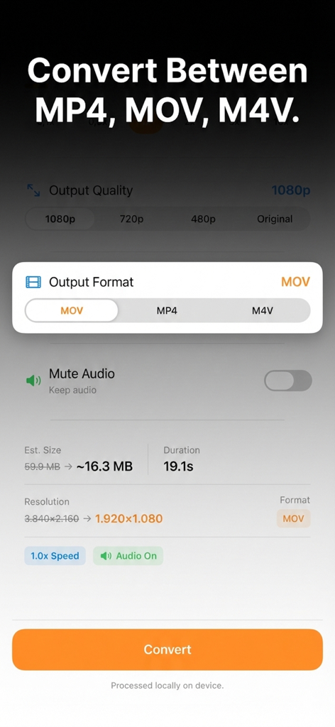 Offline Video Converter & Tool - 압축 설정을 사용하여 MP4 MOV 및 M4V 형식 간에 비디오를 변환하는 모바일 앱 인터페이스