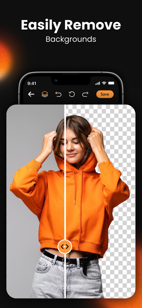AI Logo Maker & Design Studio - Captura de pantalla que demuestra la herramienta de eliminación de fondo para crear fotos transparentes dentro de la aplicación de diseño.