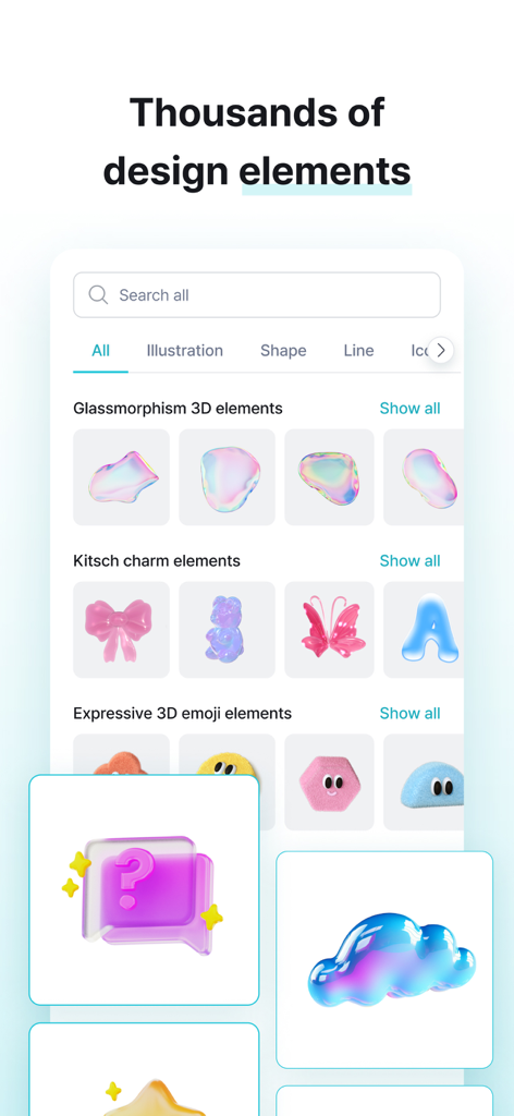 MiriCanvas: Poster, PPT design - A display of diverse 3D design elements and icons within the MiriCanvas mobile app interface.