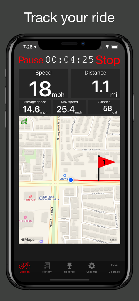 Fitmeter Bike Basic - Cycling - Dashboard dell'app Fitmeter Bike che mostra velocità, distanza e mappa GPS in tempo reale