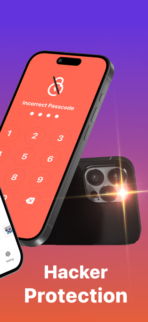 Smartphone displaying an incorrect passcode alert and hacker protection text
