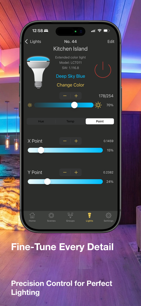 Hue Lights app showing precision color and brightness controls for a kitchen island smart bulb