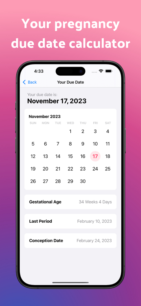 OB Wheel Pregnancy Tracker - OB Wheel app screen displaying a pregnancy due date of November 17 with gestational age and conception date details.