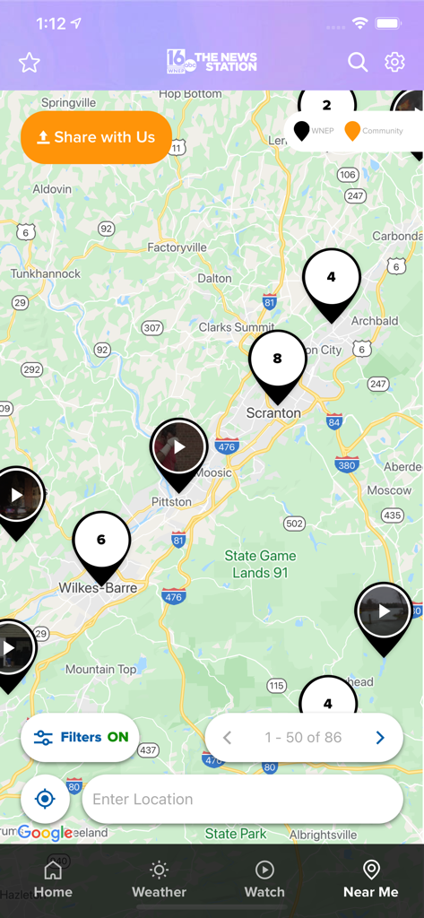 Interactive map feature in the WNEP app showing local news stories and video pins across Scranton and Wilkes-Barre