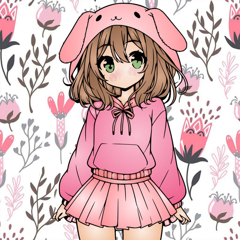 pretty anime girl wearing a fluffy hoodie with bunny ears on the hood and a skirt