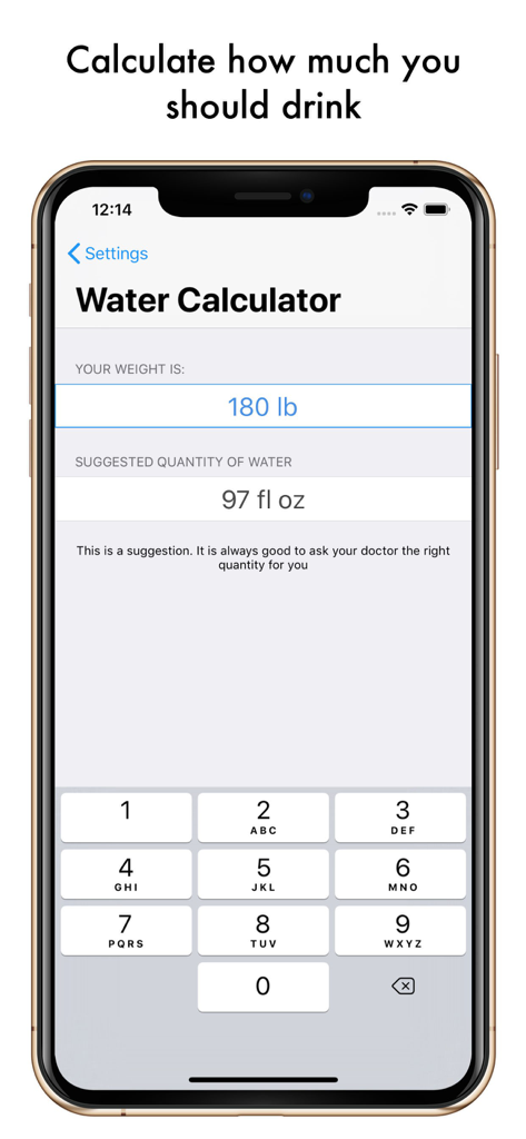 Drink Water ∙ Daily Reminder - Interface of the Drink Water app showing the water calculator screen which suggests daily hydration goals based on user weight