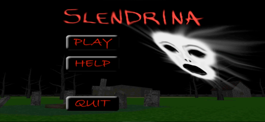 Slendrina - Main menu screen of the Slendrina horror game showing play options and a screaming ghost face in a graveyard