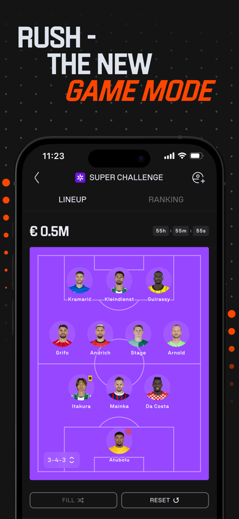 Kickbase app interface displaying the new Rush game mode and a fantasy soccer player lineup