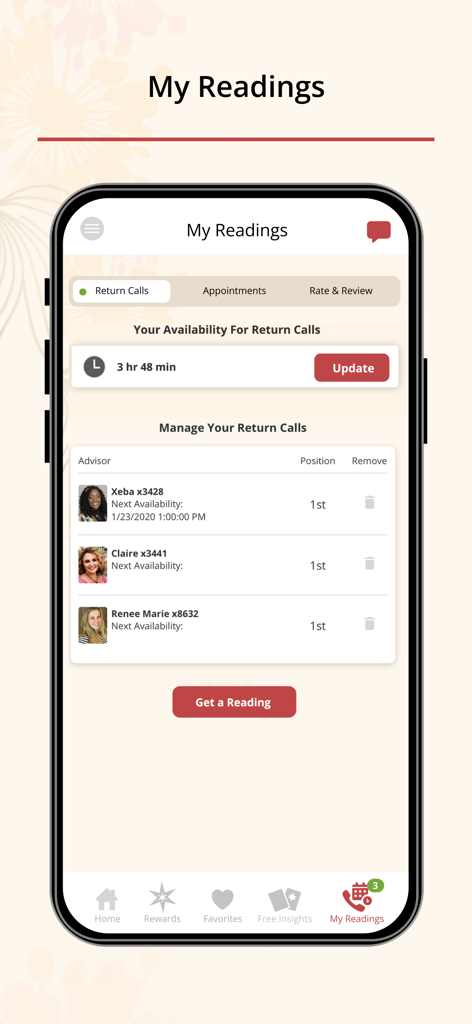 La pantalla Mis Lecturas en la aplicación Psychic Source que muestra la disponibilidad de llamada de retorno y el estado de la cola de asesores.