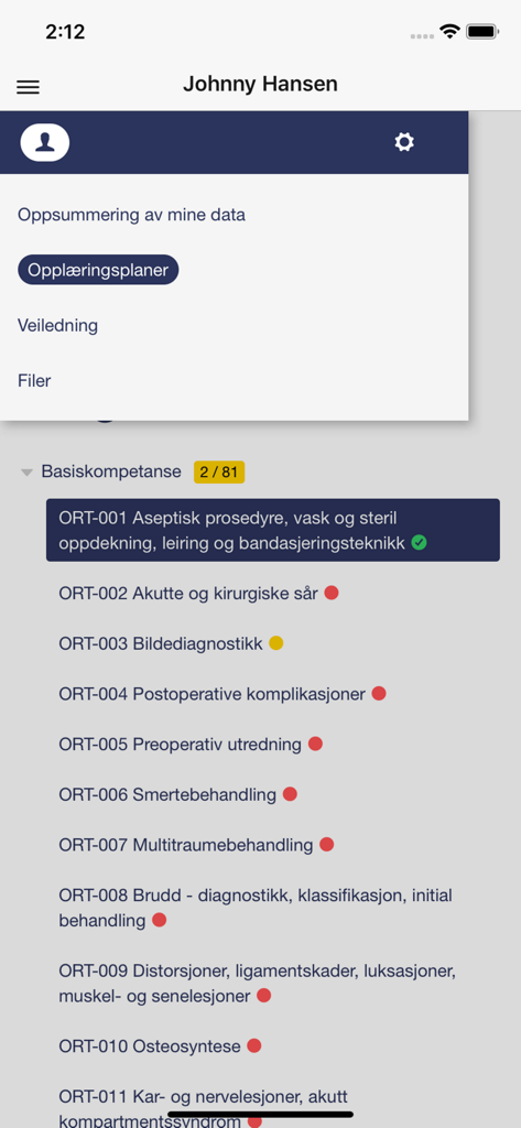 Dossier Helse - Oberfläche der Dossier Helse App, die eine Liste von Lernzielen der medizinischen Ausbildung und deren Erledigungsstatus anzeigt.