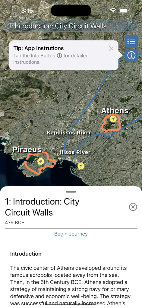 The Athenian Long Walls - A satellite map showing historical fortifications connecting Athens and Piraeus in the Athenian Long Walls app.