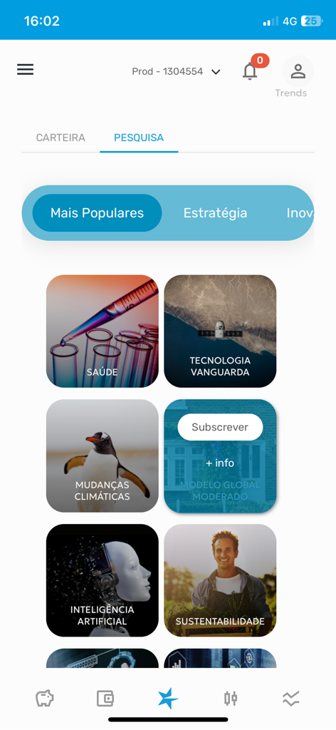Banco Invest app research screen displaying thematic investment options including AI and sustainability