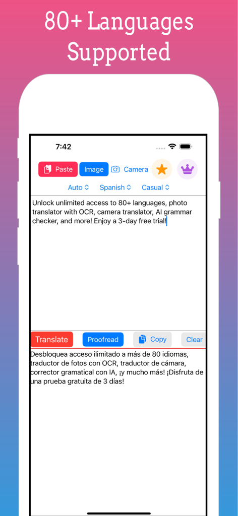 Interfaz de la aplicación Traductor IA mostrando traducción de texto de inglés a español con soporte para más de 80 idiomas.