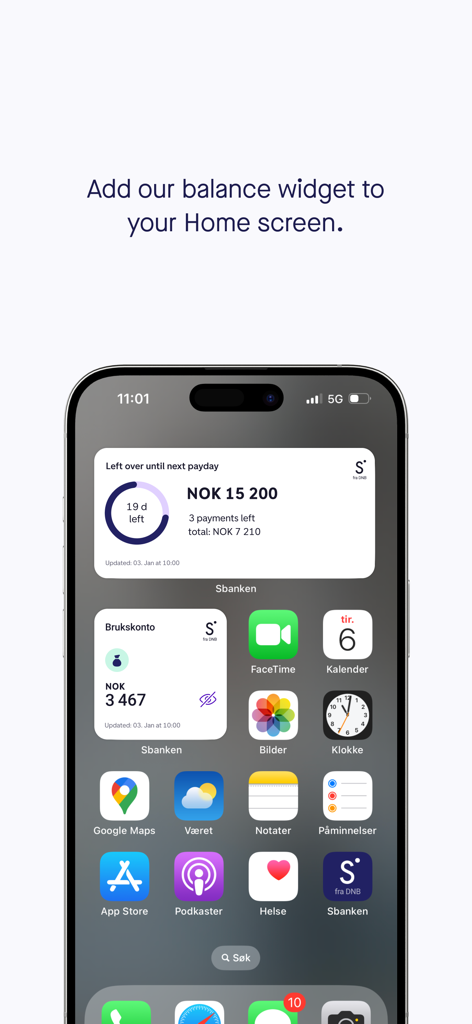 Sbanken mobile app balance and payday widgets displayed on an iPhone home screen