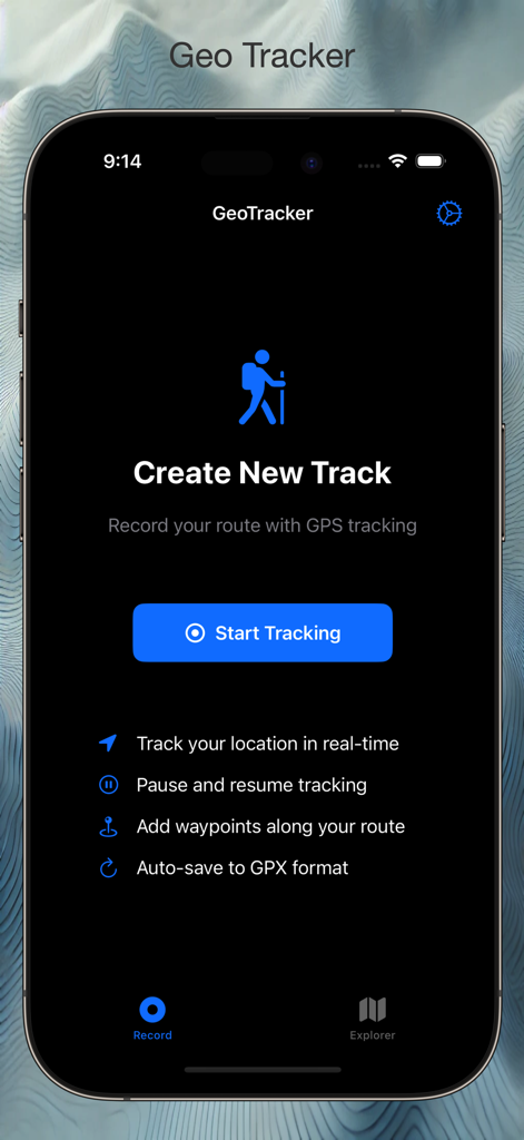 Geo Tracker: GPS Tracking - Geo Tracker Mobile App-Oberfläche, die den Bildschirm zum Erstellen einer neuen Strecke mit einem Wanderer-Symbol und einer Schaltfläche zum Starten der Aufzeichnung anzeigt