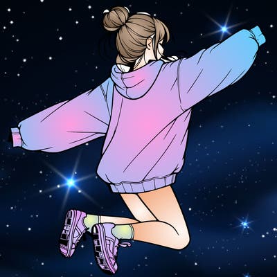 realistic girl jumping with a bun and oversized sweatshirt