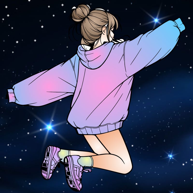 realistic girl jumping with a bun and oversized sweatshirt