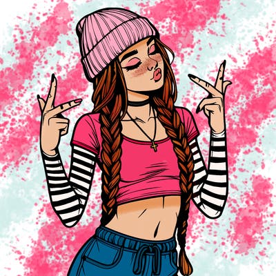 realistic teenage girl with braids and a beanie and crop top doing 🫶🏼