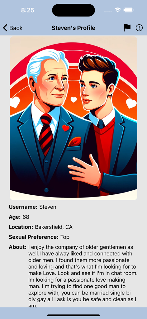 Gay Older Men Chat - A profile page for a 68 year old user named Steven on the Gay Older Men Chat app showing his bio and location