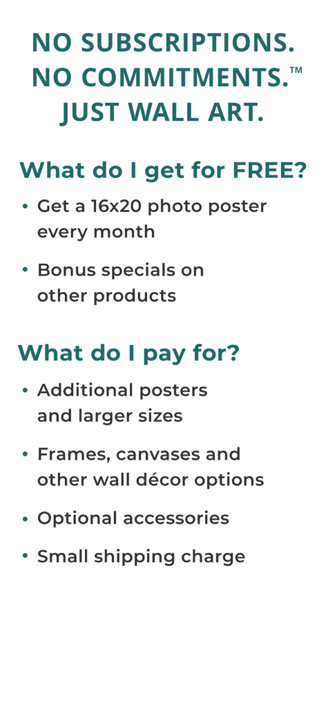 Text-based infographic showing FreePrints Photo Art offers a free 16x20 photo poster every month with no subscriptions and lists paid options like frames and shipping.