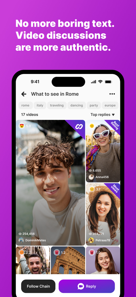 Chainstr: Video Chains - Chainstr mobile app screen featuring a video discussion chain about things to see in Rome