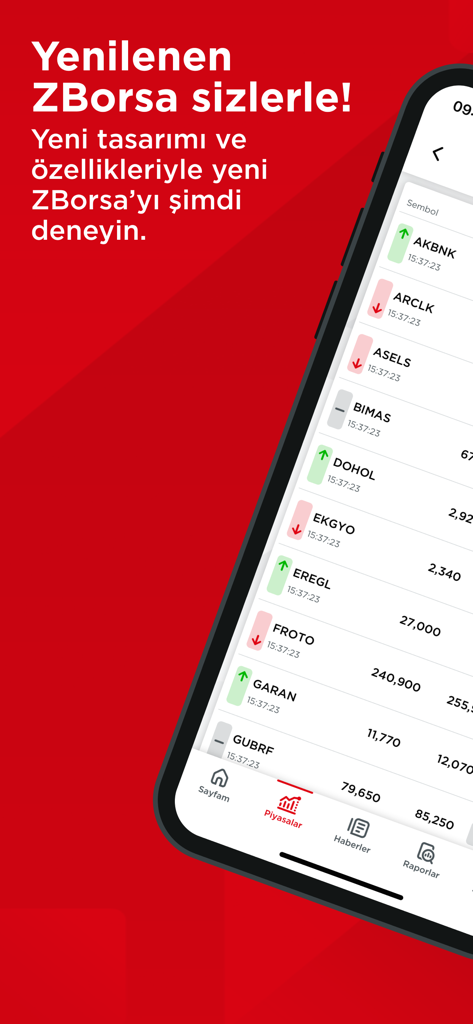 ZBorsa (Ziraat Yatırım Borsa) - Mobile interface of the ZBorsa app showing Turkish stock market data