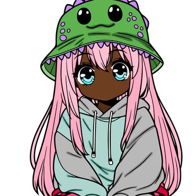 girl with anime shaped eyes with a dinosaur bucket hat oversized sweatshirt long straight hair
