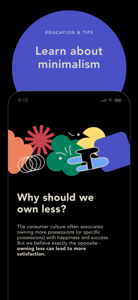 bless. minimal shopping habits - Educational screen about minimalism in the bless app explaining why owning less leads to satisfaction