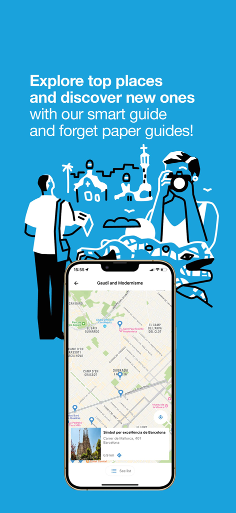 Hola Barcelona app interface showing a city map with Gaudi and Modernisme tourist landmarks.