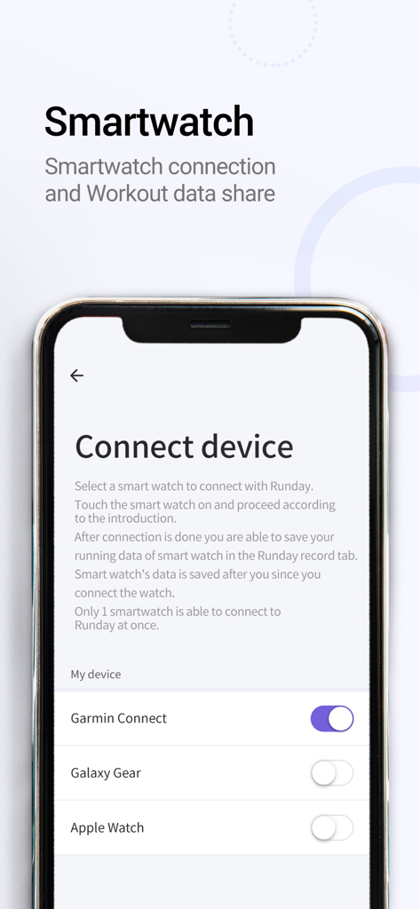 RunDay app screen showing options to connect Garmin Galaxy Gear and Apple Watch for data syncing