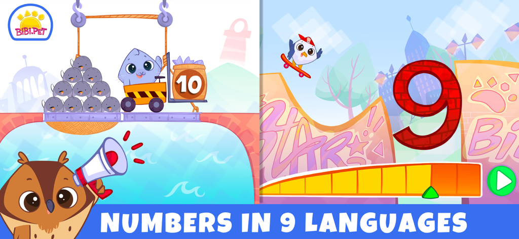 Bibi Numbers 123 - Kids Games - Educational game screens showing an owl and a cat counting birds and a bird on a skateboard next to a large number nine