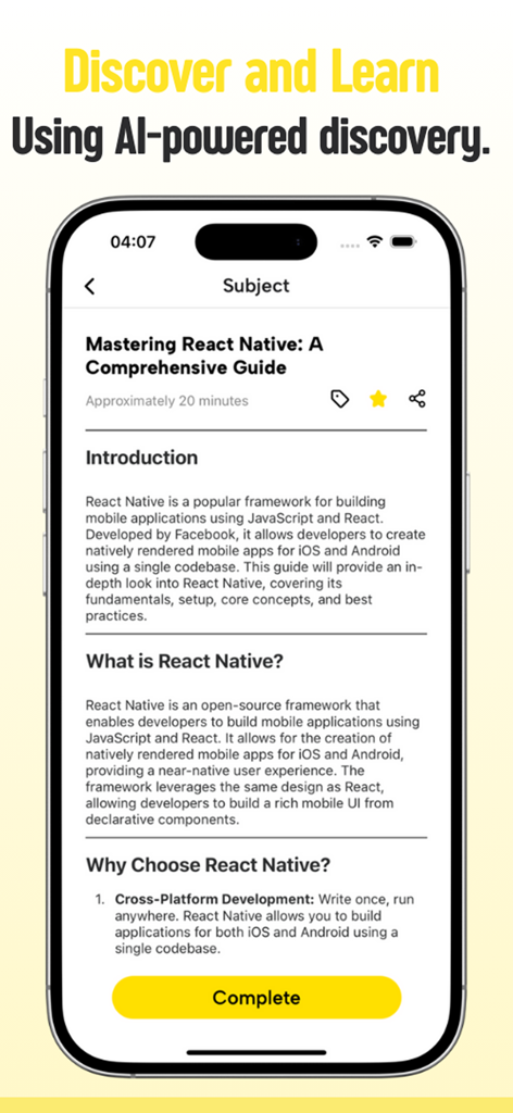 Sourcify - Mobile Oberfläche der Sourcify-App, die einen KI-generierten Bildungsleitfaden für React Native anzeigt.