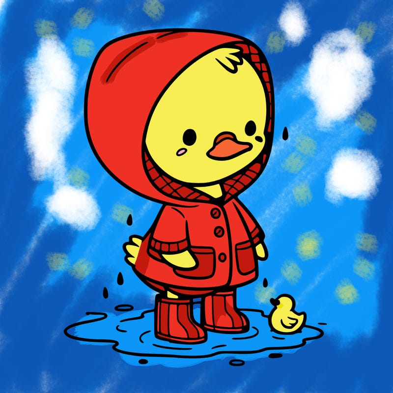 baby duck in a rain coat and boots, in a puddle while it’s raining
