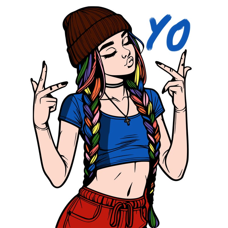 realistic teenage girl with braids and a beanie and crop top doing 🫶🏼