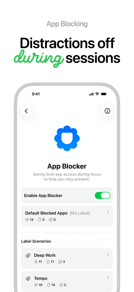 Tempo Focus - Pomodoro Timer - Configuración del bloqueador de aplicaciones Tempo Focus para limitar las distracciones durante las sesiones de enfoque