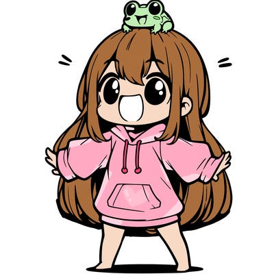 a excited chibi girl whith long hair and a baggy shirt whith a frog on there head