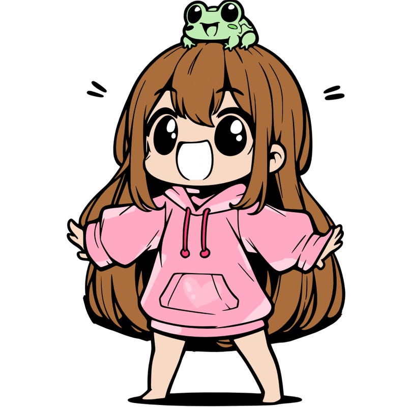 a excited chibi girl whith long hair and a baggy shirt whith a frog on there head