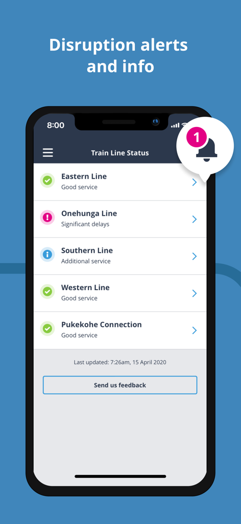 AT Mobile - Écran de smartphone affichant le statut des lignes de train de l'application AT Mobile et les alertes de perturbation de service