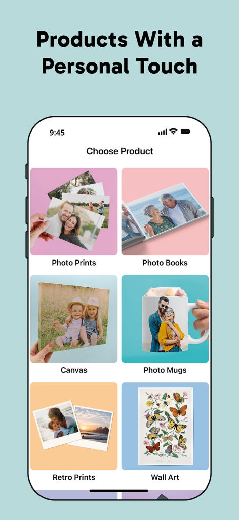 Écran de l'application Photo Prints plus montrant les options de cadeaux personnalisés comme les tirages, les livres et les tasses.
