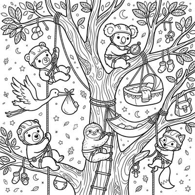 Welcome a new little one with this charming coloring page featuring adorable baby animals on a tree-climbing adventure. It's the perfect activity for a baby shower, combining playful tree climbers with sweet nursery elements.