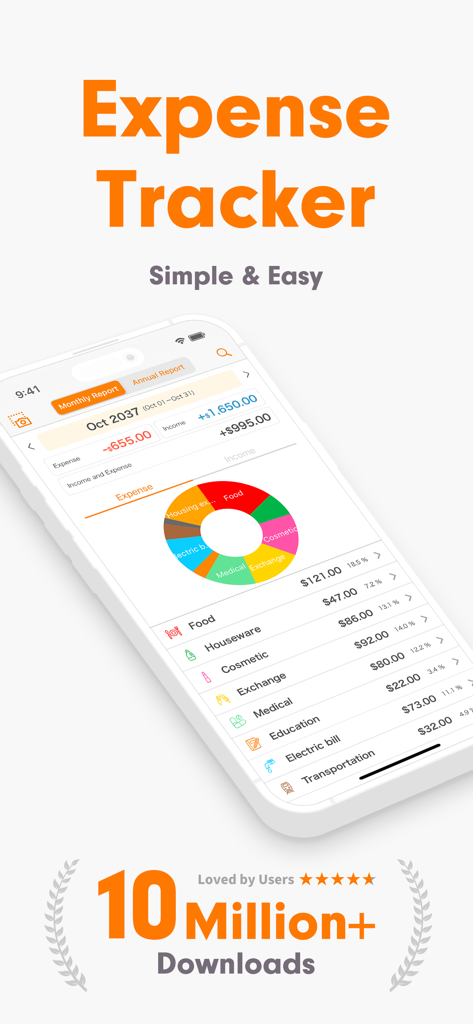 Expense Tracker - Money Note - App mobile Money Note Gestore Spese che mostra un grafico a torta delle spese mensili e le categorie di spesa.