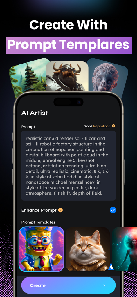 Vidu - AI Video Generator Tool - Smartphone screen of Vidu AI app showing image generation prompts and creative templates.